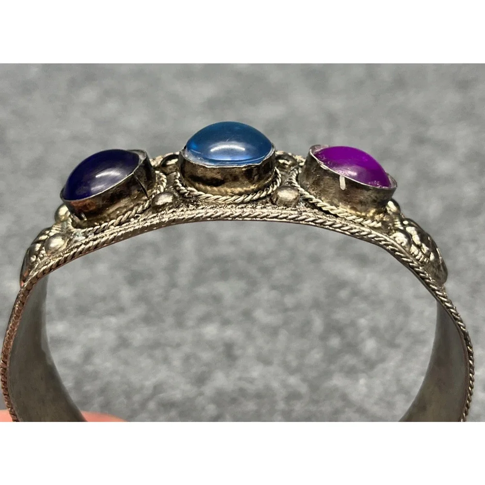 Vintage Tibetan Silver Cuff Bracelet Blue Purple Cabochon Glass Ethnic Bohemian